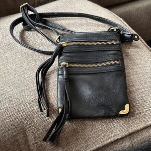 Black Real Leather Bikercore Crossbody Bag Gold Accents Women’s Accessories